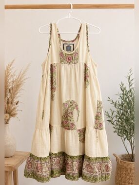 Alicia Bell Girls Cream Pink Floral Popover Dress Size 10 Boho Tiered Cotton
